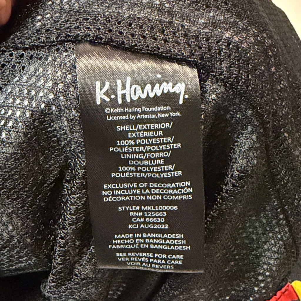 Members Only x K. Haring- Colorful Heart Faces Black Windbreaker Hood- Size L - Image 8