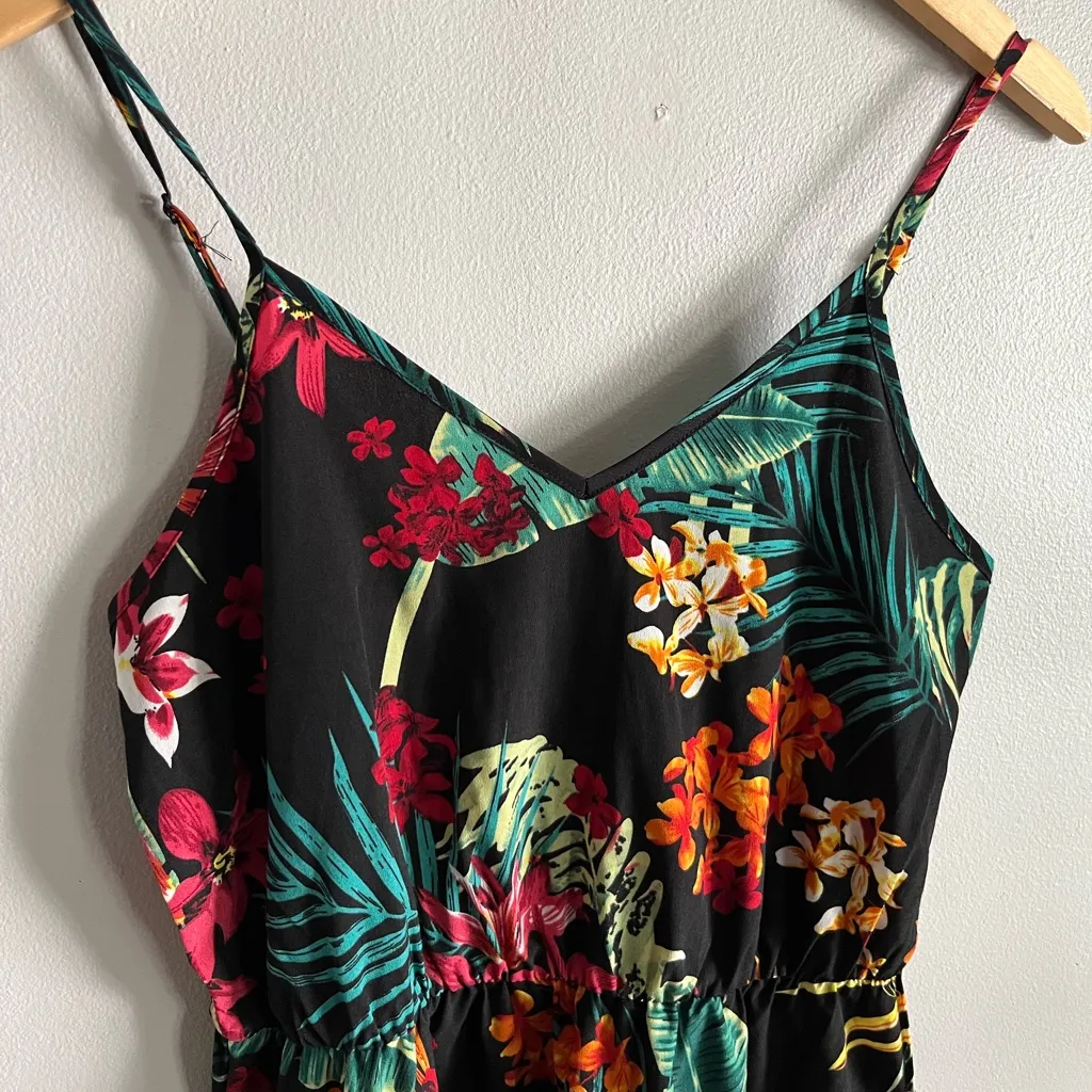 Tropical Floral Mini Dress Black Spaghetti Strap V Neck Beach Vacation - Image 2