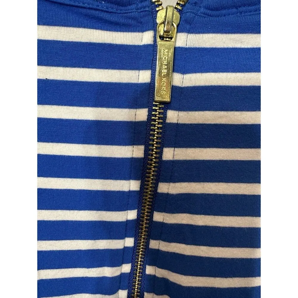 Michael Kors T-shirt Royal Blue & White Striped Gold Logo & Back Zip Size Small - Image 5