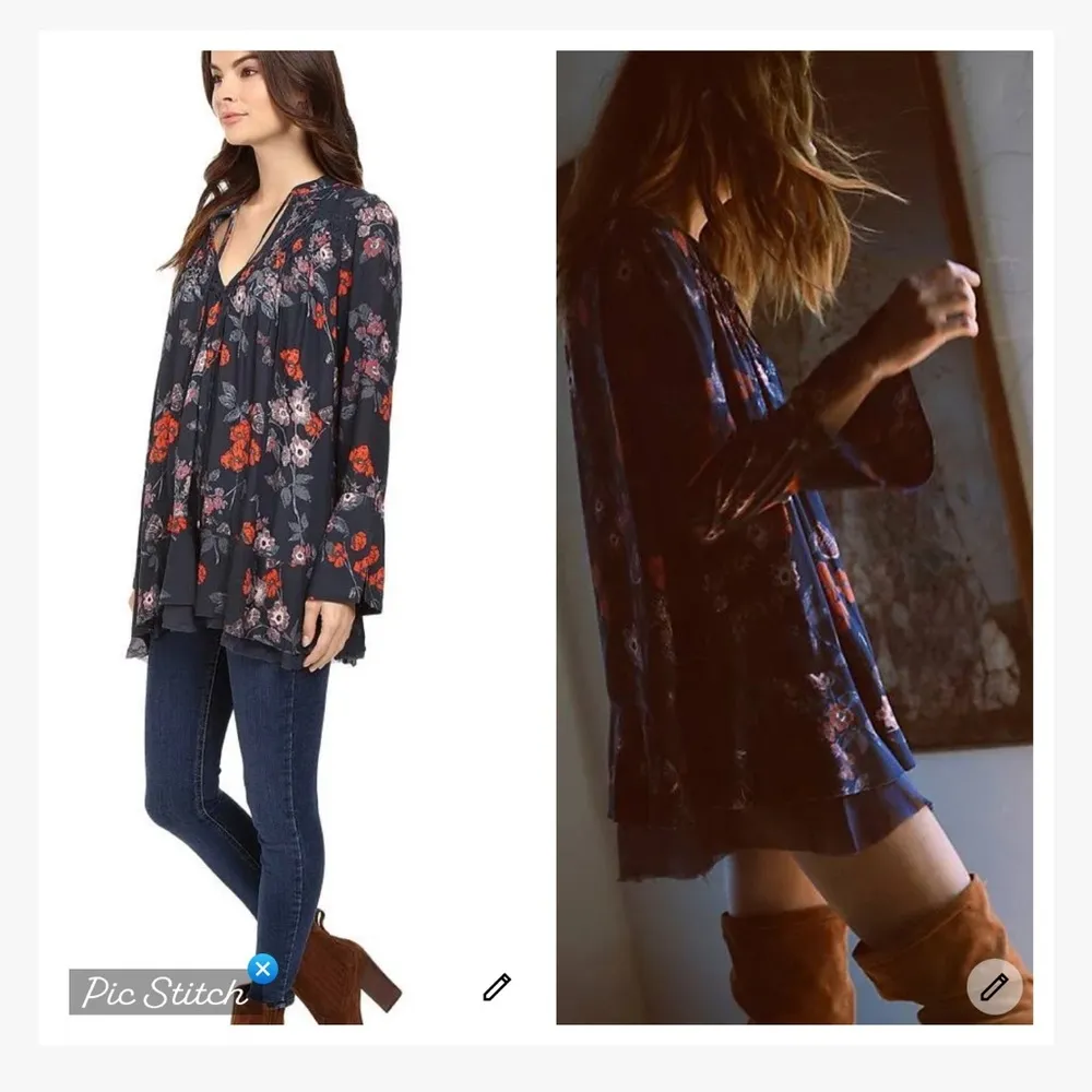 Free People Navy Floral Georgette Smocked Tunic - Image 2