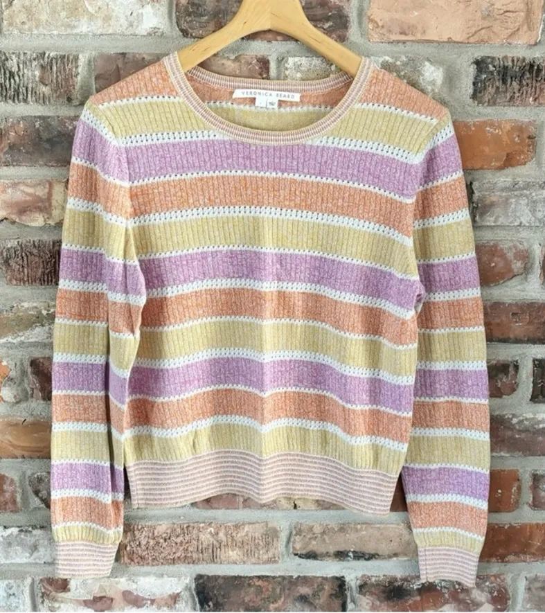Veronica Beard Linen Cotton Colorful Stripe Knit Lightweight Sweater, L - Image 1