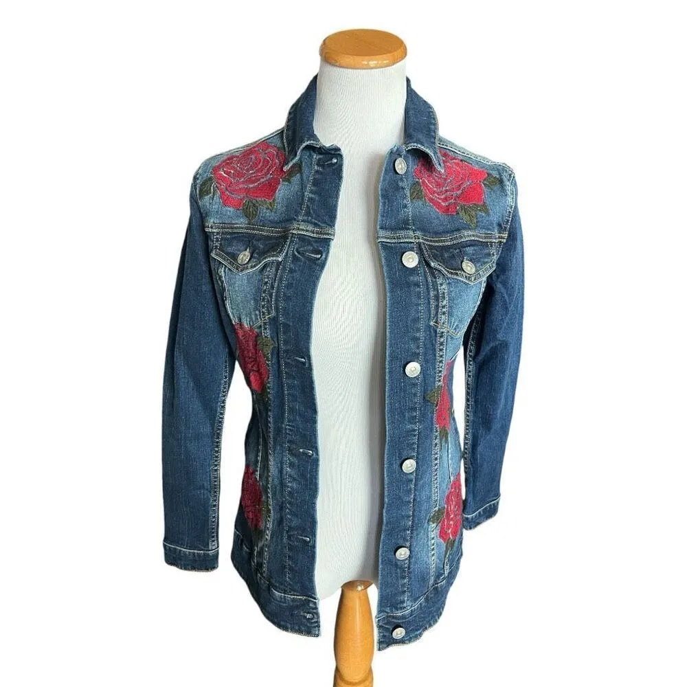 Womens Lularoe Jaxon Red Rose Embroidered Rodeo Denim Jean Jacket - Sz XXS - Image 3