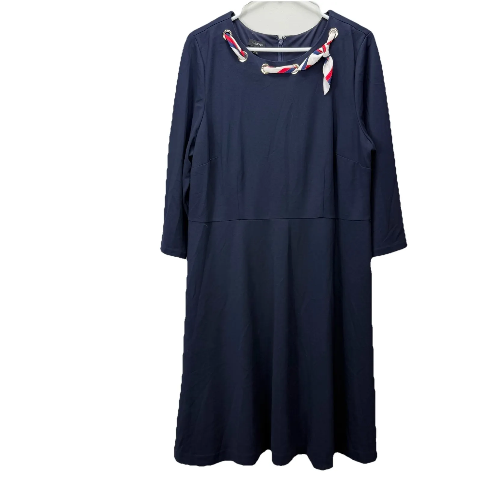 Talbots Ponte Navy Blue Scarf Neck‎ Nautical 3/4 Sleeve Flare Midi Dress Size 16 - Image 3
