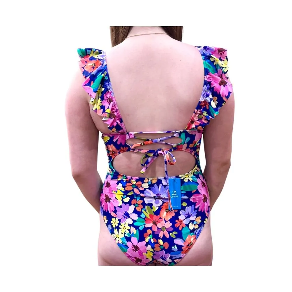 NEW Cupshe SWIMSUIT Women's MED Ruffled One Piece Floral V Neck Lace Up Back NWT - Image 8