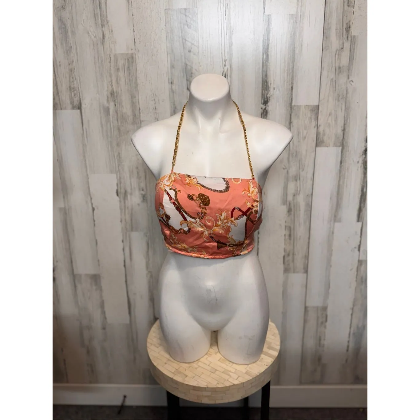 Penelope Boutique Satin Chain Halter Crop Top Pink Baroque Scarf Tie Back – Size Orange Size M - Image 2