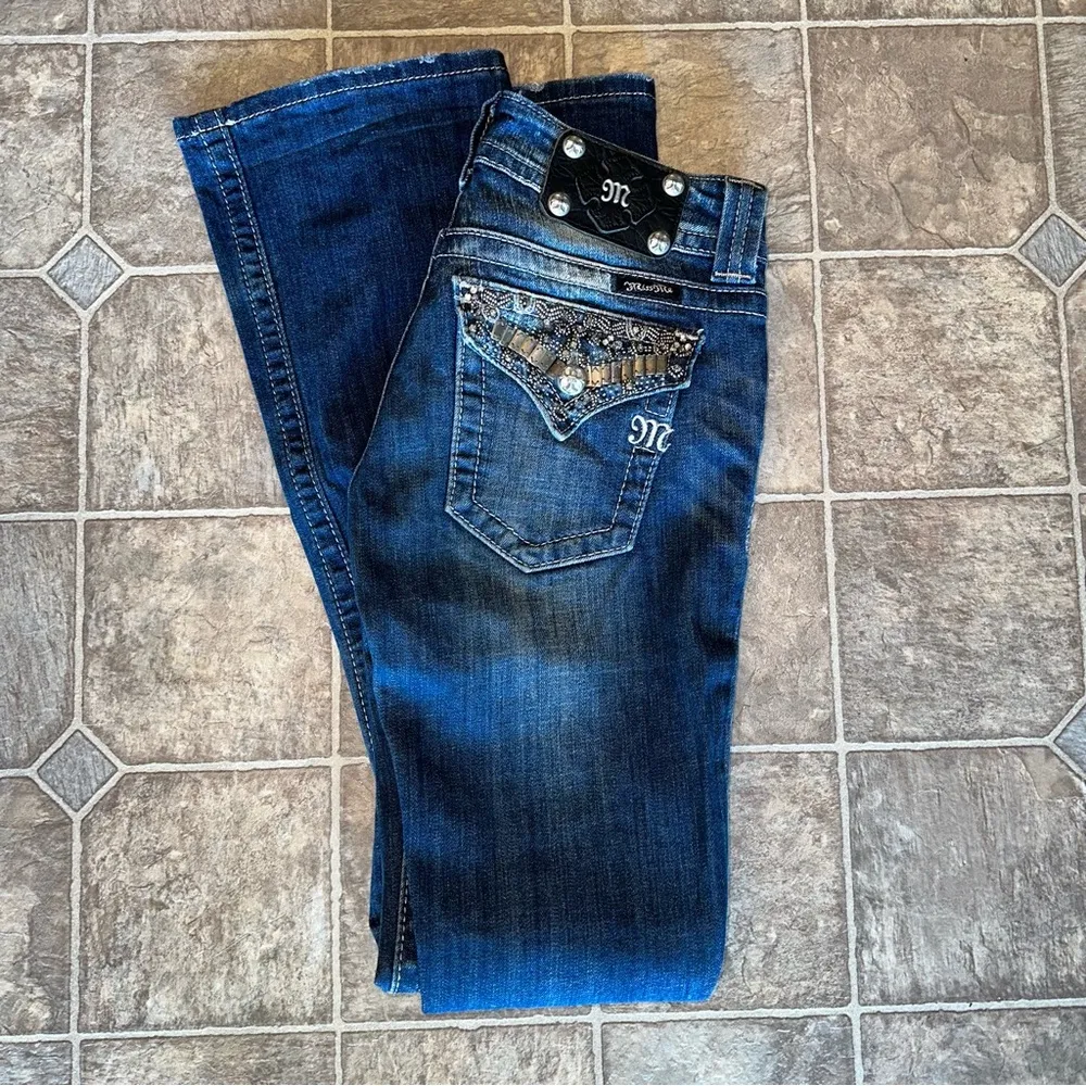 Miss Me Designer Jeans Bootcut Beaded Rhinestone Flap Pocket - Image 2