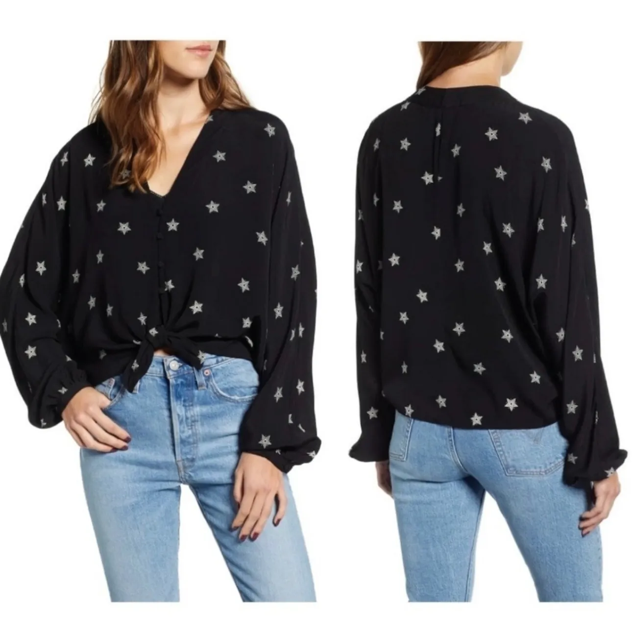 Rails  Sloane Star Print‎ Button Down Tie Front Top Women's Large Black Celestial - Image 10
