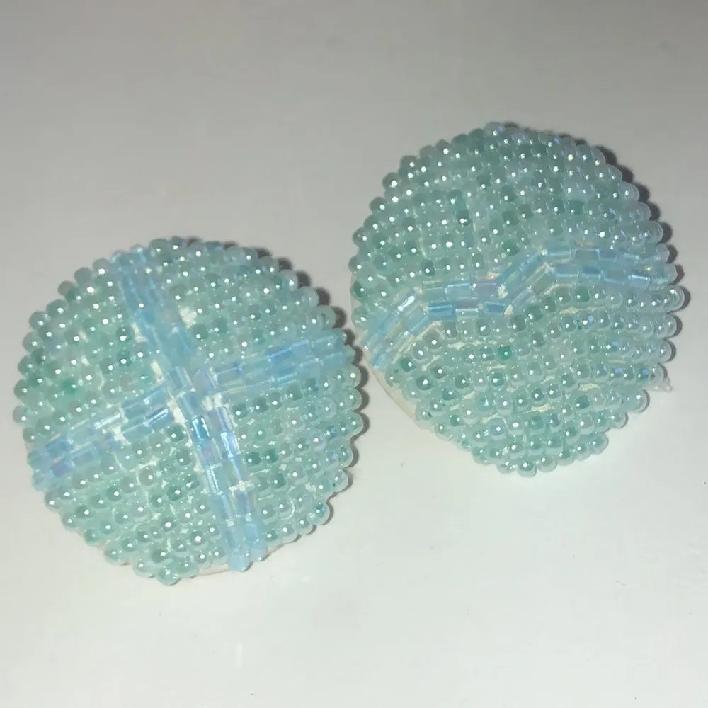 Vintage Light Blue Seed Bead Beaded Round Funky Retro Clip On Earrings - Image 6