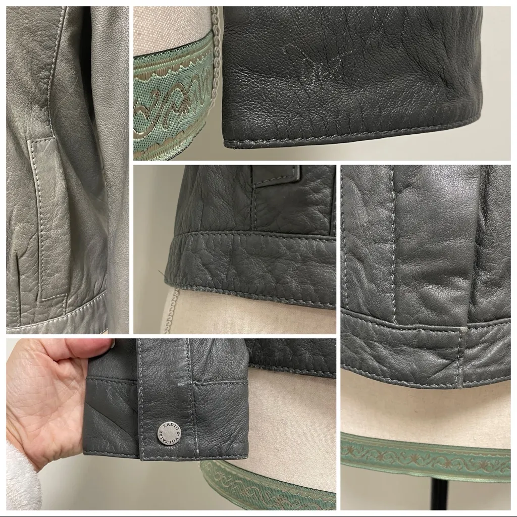 Zadig and Voltaire Gray Leather Leah Moto Jacket Medium Zip Up Lined RUNS SMALL - Image 12