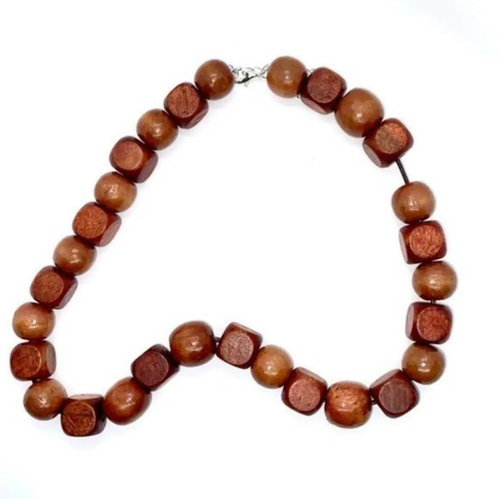 Handmade Wooden Beaded Necklace Cherry-tone Wood - Image 2