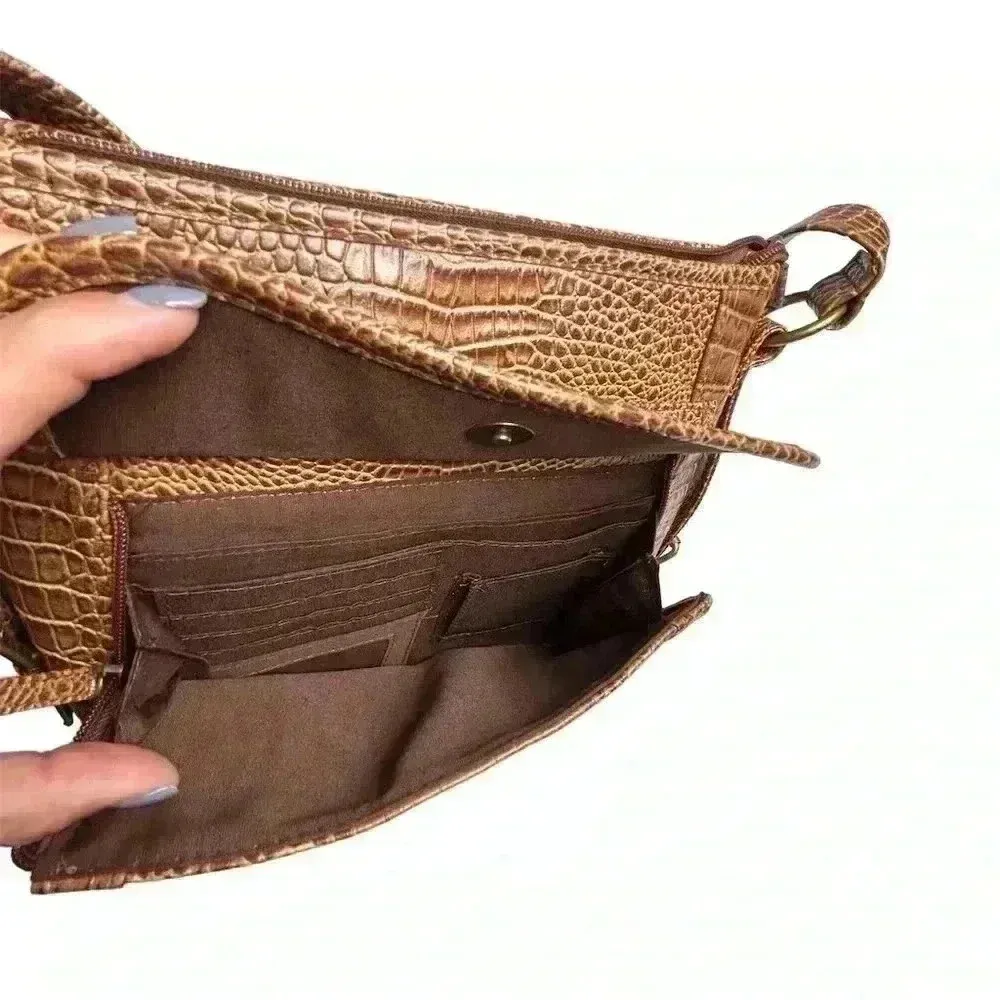 Coldwater Creek Brown Faux Crocodile Leather Purse Shoulder Bag Crossbody - Image 7