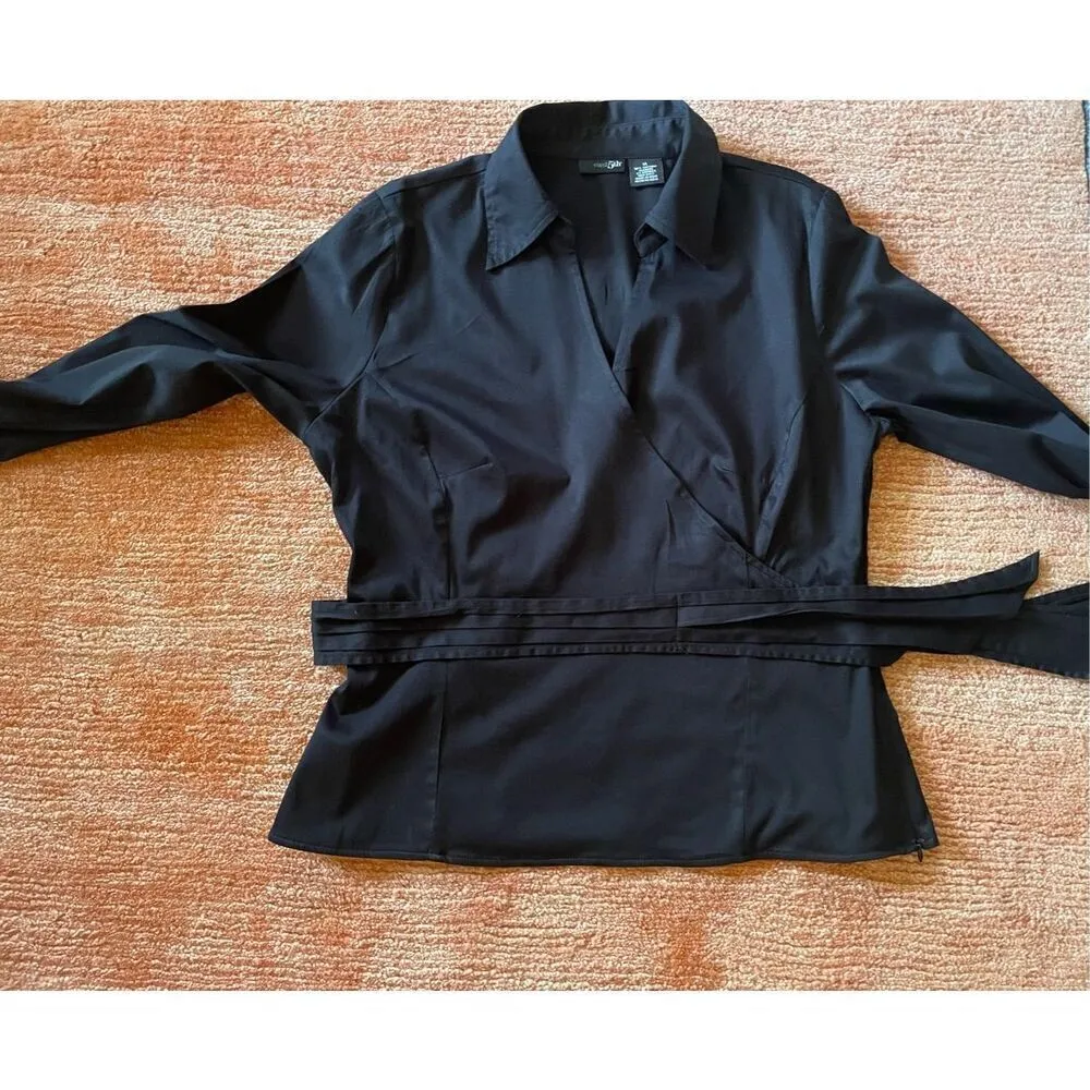 East 5th Top Womens Black Stretch Mock Wrap Self Tie Bow Size  14 Zip Rhinestone - Image 2