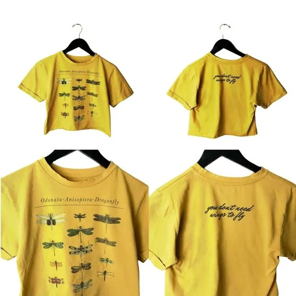 Fifth Sun Dragonfly Crop Top T Shirt Womens Yellow XS Extra Small Raw Hem Cute - Image 2