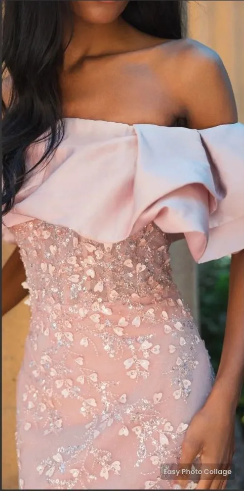 Mac Duggal 21003 Pink Beaded Mermaid Gown With Off The Shoulder Ruffle - Image 2