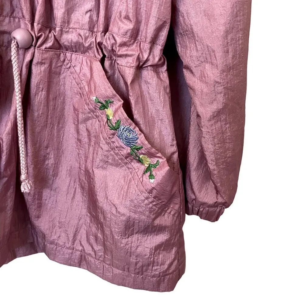 vintage pink nylon overcoat jacket puffed embroidery floral casual large - Image 4