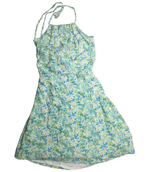 Faithfull the Brand Gaia Varenna Green Blue Floral Print Halter Mini Dress L 8 - Image 1