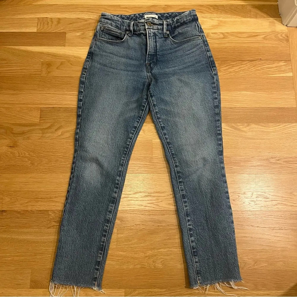 Good American Good Classic High Waist Raw Hem Jeans Blue 754 - Image 4