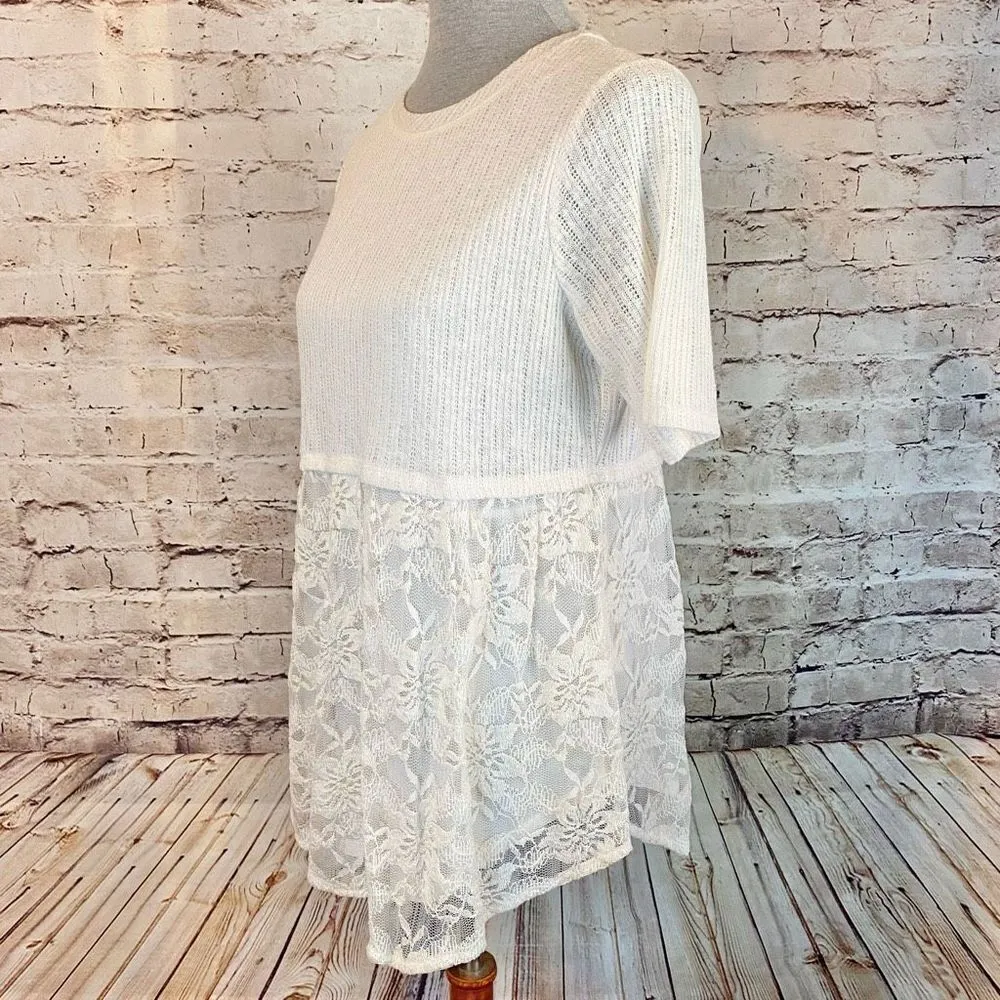 LC Lauren Conrad Lace Layered Babydoll Top Short Sleeve Cream Delicate Size S - Image 4