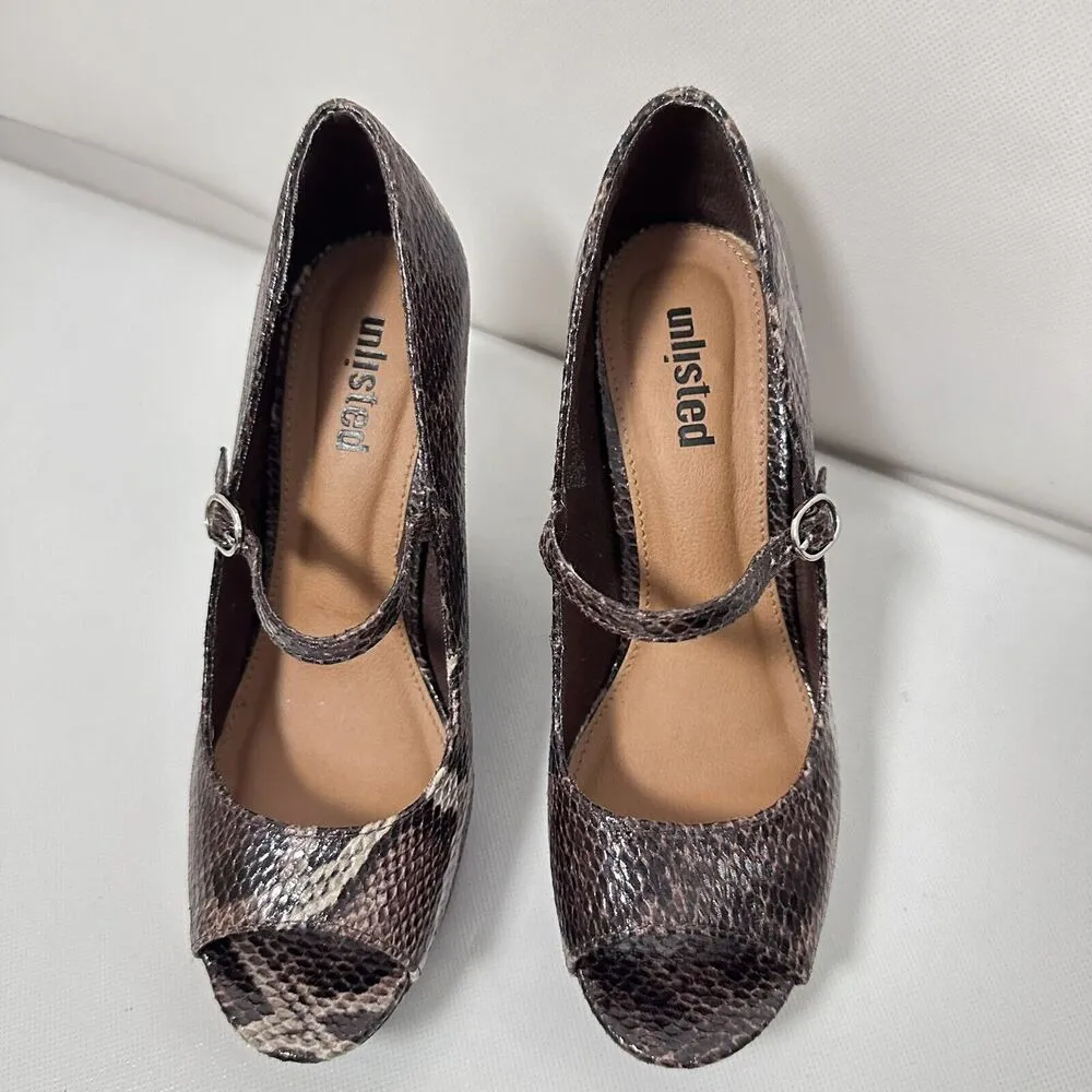 Unlisted Python Wedge Heels Brown Mary Jane Shoes Peep Toe Platform Pumps Y2K 7 - Image 2