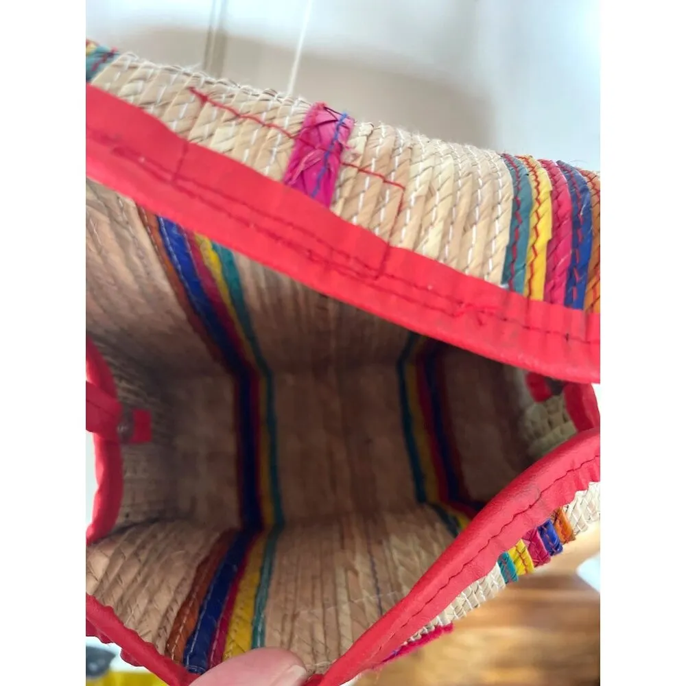 Straw Colorful Shoulder Bag Mexico Artisan Handmade Red Trim Woven Multicolor Tan - Image 5