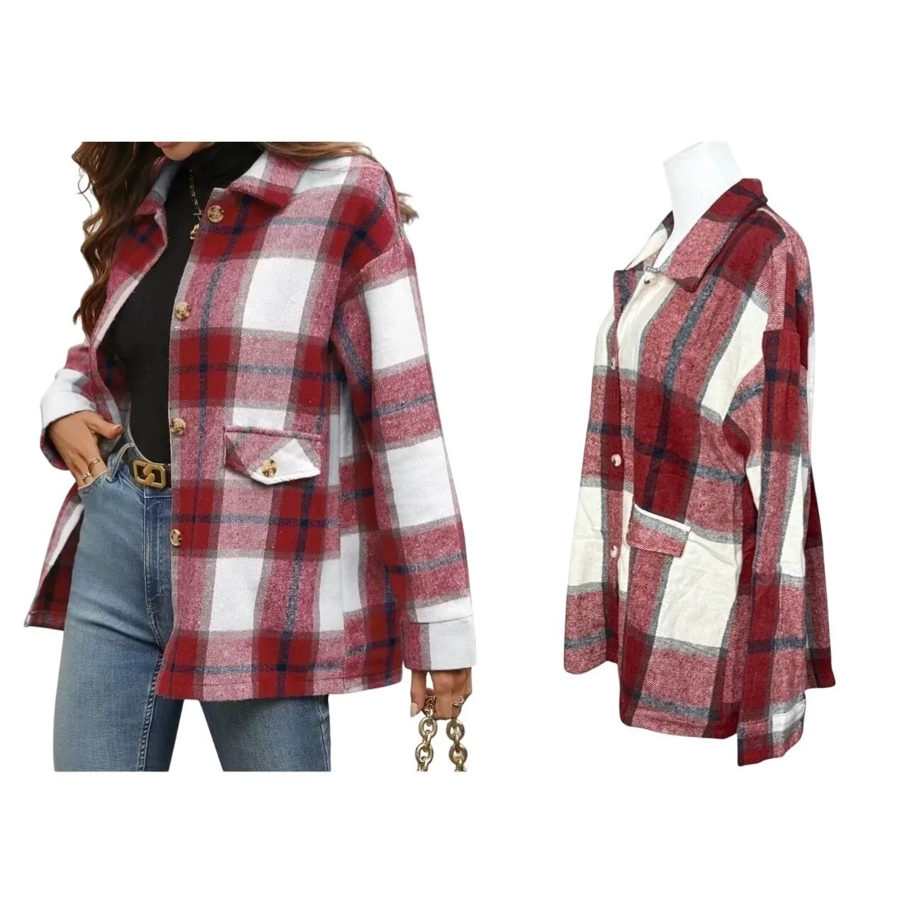 Cottagecore Collared Red Plaid Flannel BU Shirt Shacket LARGE Cabincore NWT - Image 4