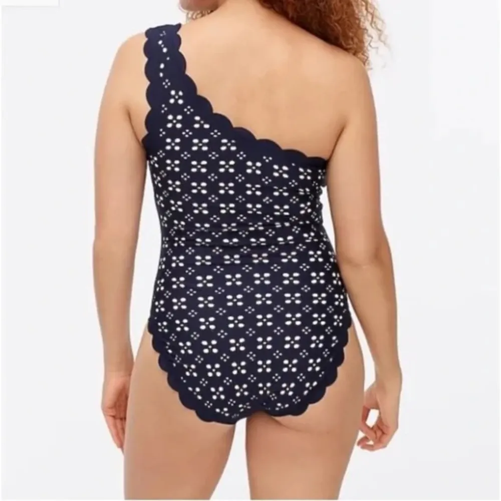 NWT  J.Crew Scalloped One Shoulder Swimsuit Laser Cut Eyelet Navy Blue 24 - Image 2