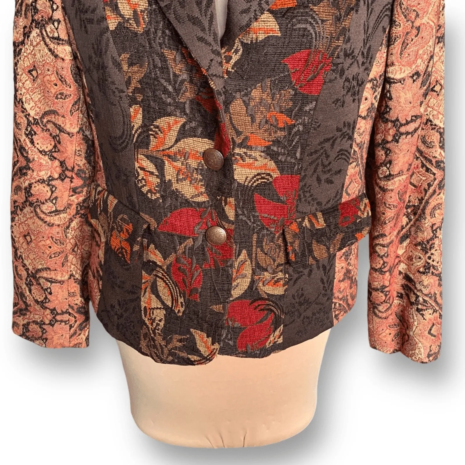 Vintage 90s Coldwater Creek Tapestry Blazer Floral Leaf Patchwork Jacket Fall Brown Size 12 - Image 5
