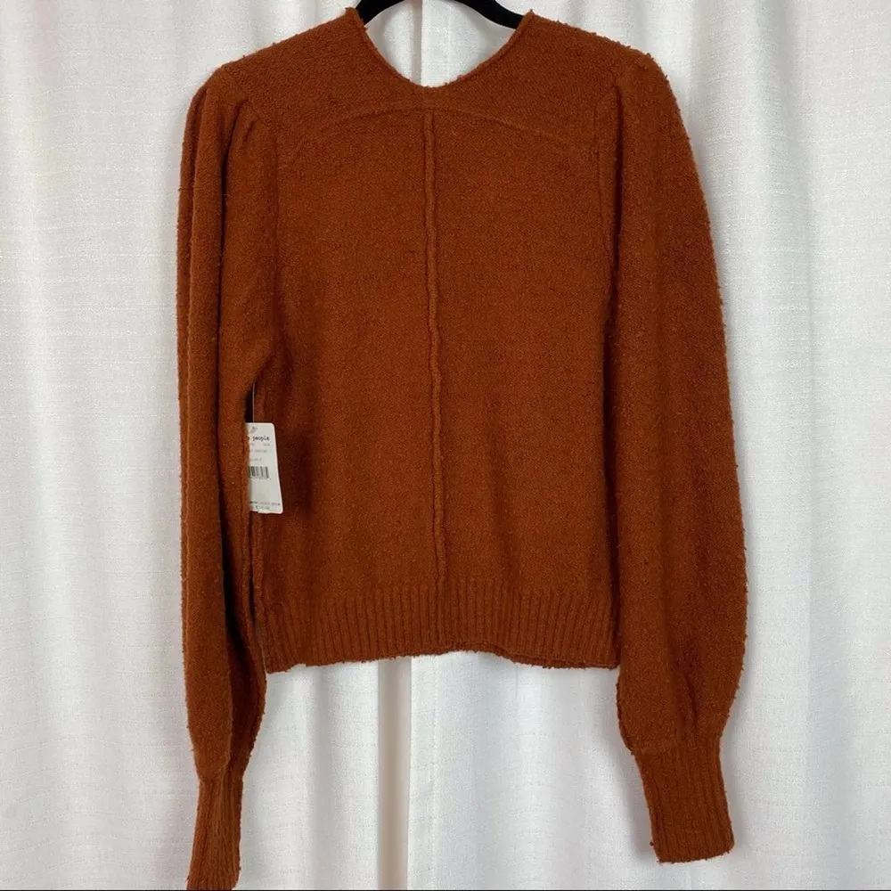 Free People Dark Orange Burnt Butter Reverie V Neck Blouson Sleeve Sweater NWT - Image 10