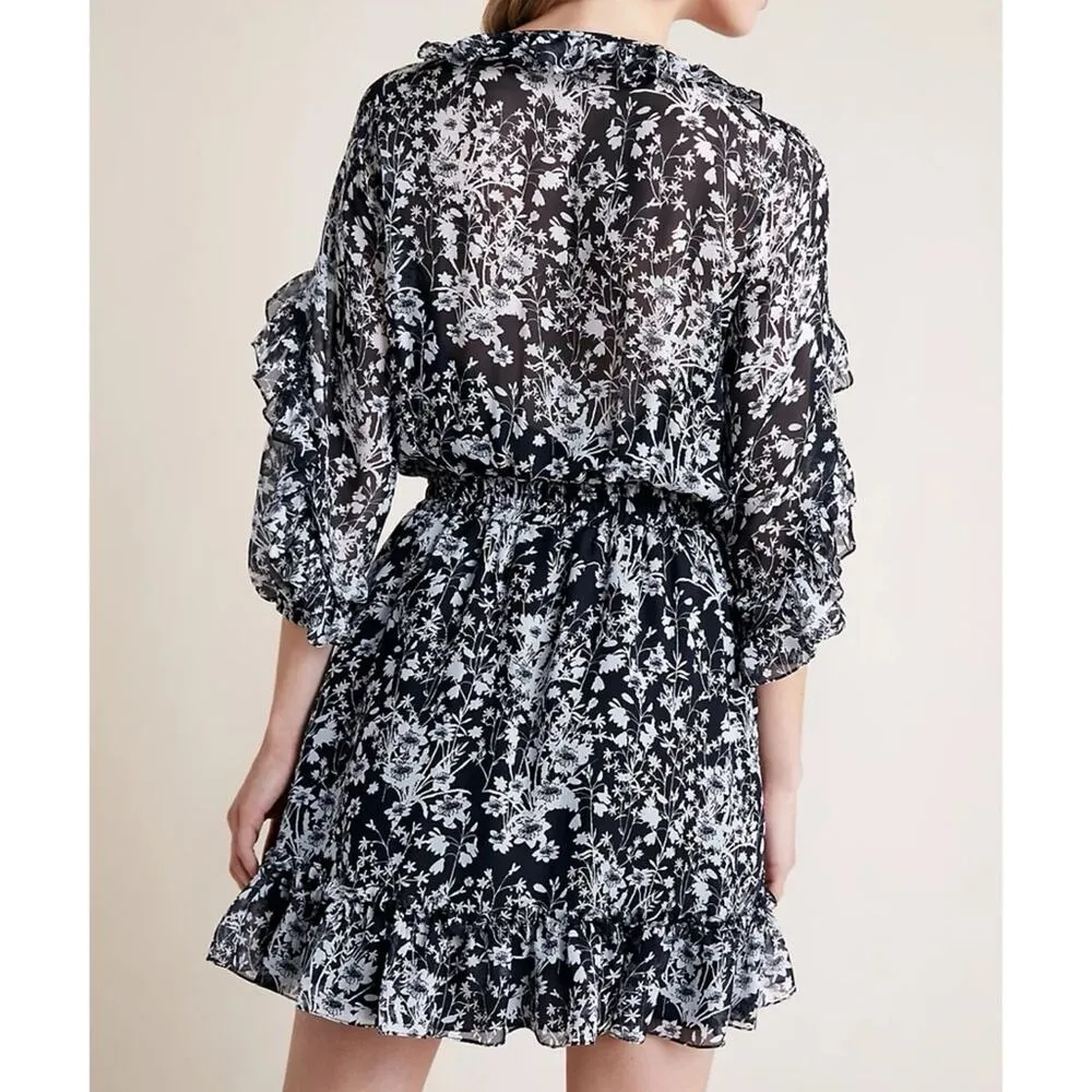 Shoshanna Praiano Black White Floral 3/4 Puff Ruffled Sleeve Silk Mini Dress 4 - Image 15