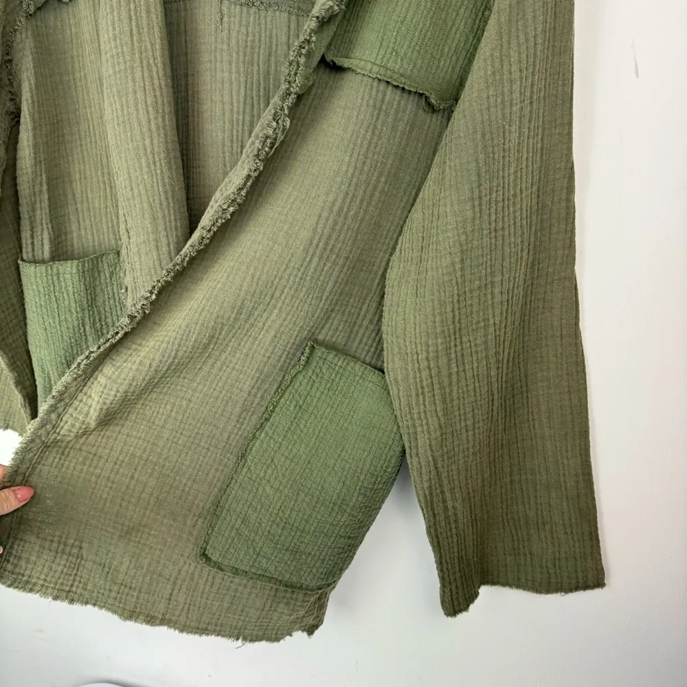 POL Cotton Gauze Open Front Cardigan Jacket Sz Small Olive Army Green Patchwork - Image 10