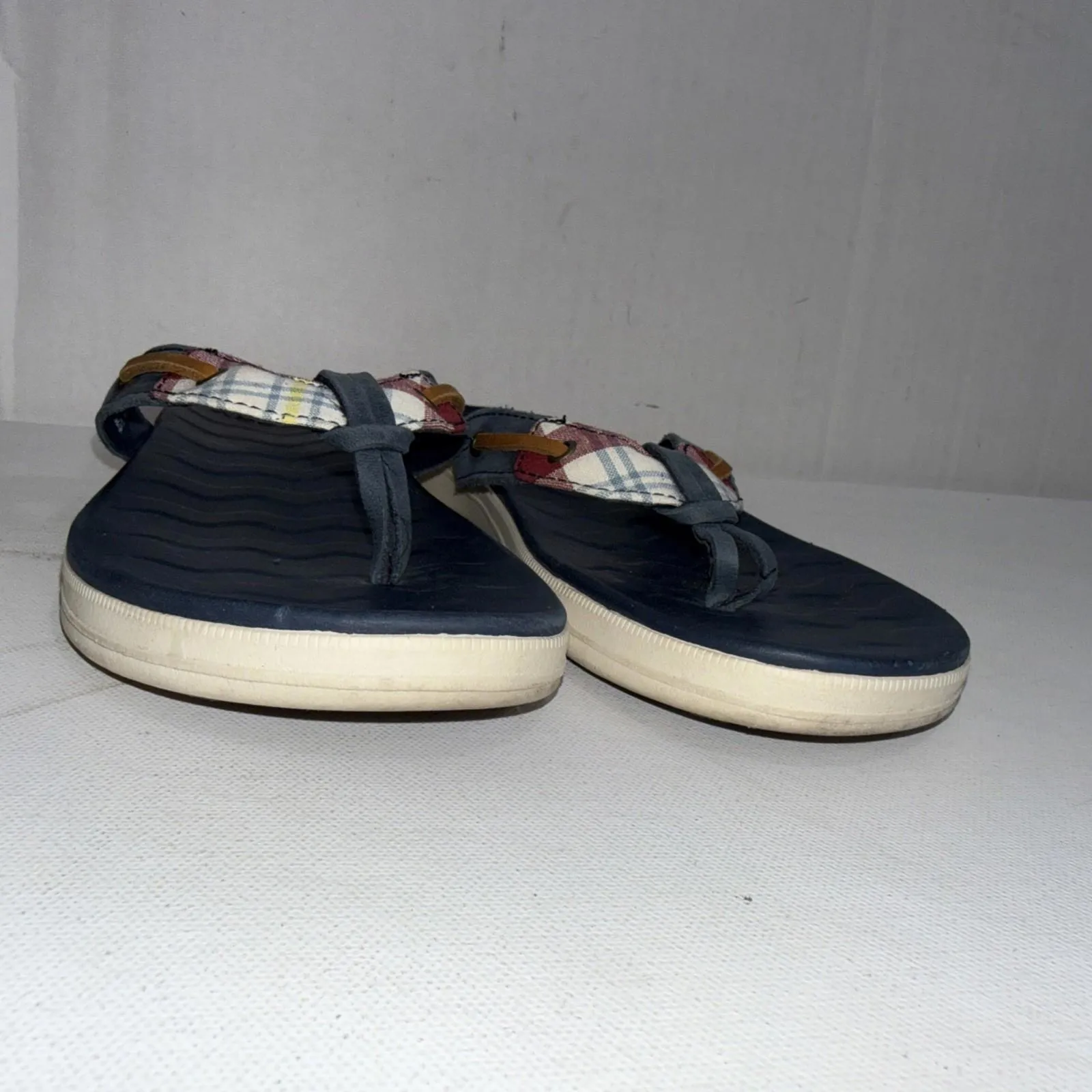 Sperry Women's Seafish Leather Flip Flop Sandals Blue Plaid Nautical Shoes Sz 7 - Image 5