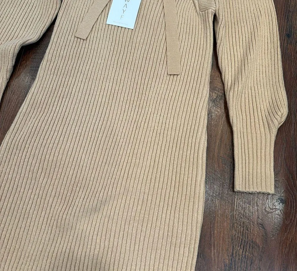 WAYF Tan Ribbed Knit Dress with Bow Detail - Image 3