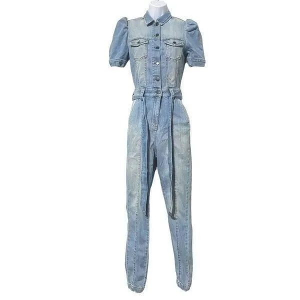 Retrofete Tori Belted Denim Jumpsuit Light Denim Puff Sleeve Size XS Blue - Image 4
