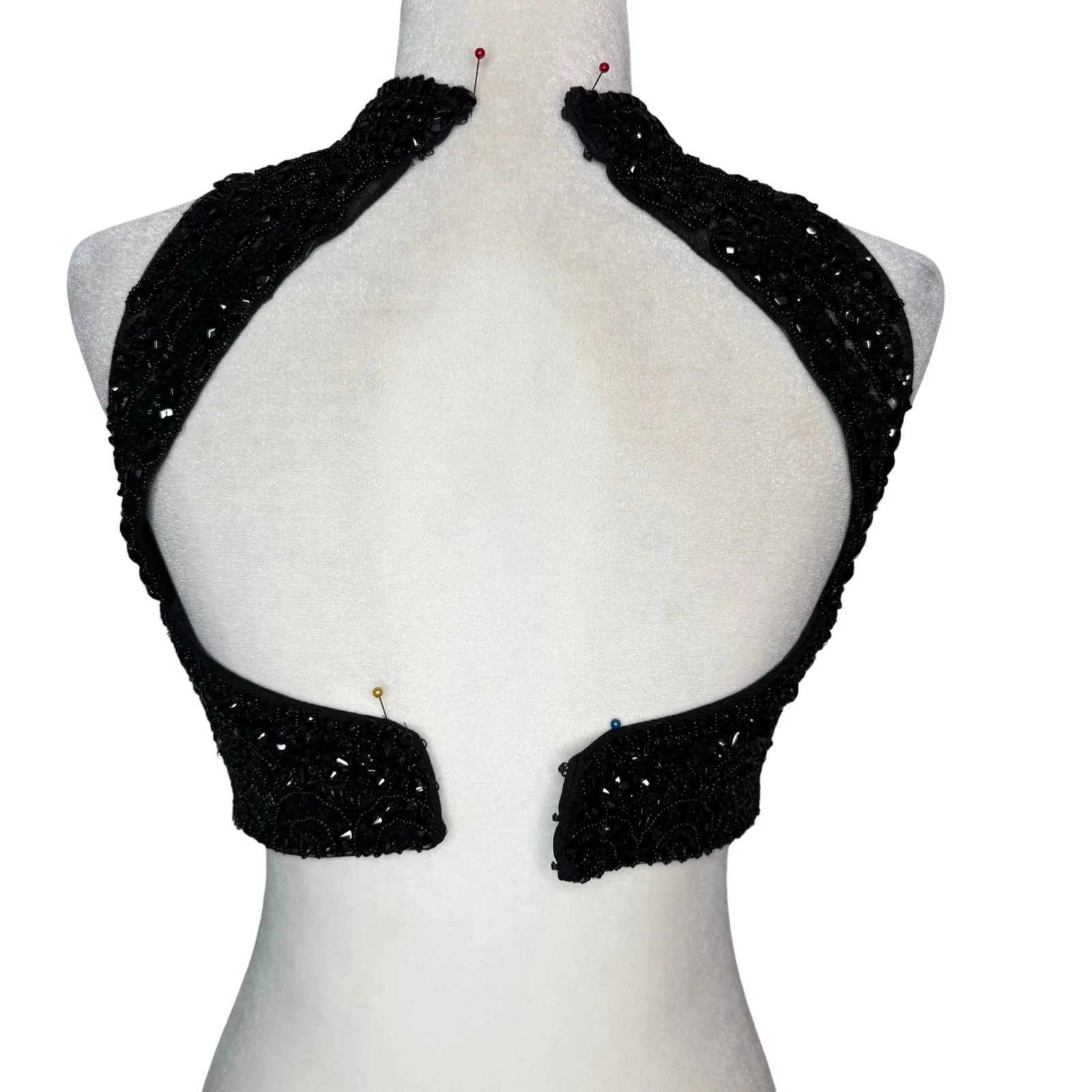 90s Evening Vintage Beaded Halter Crop Top XS 2 Black Sheer Backless Fairy Party - Image 5