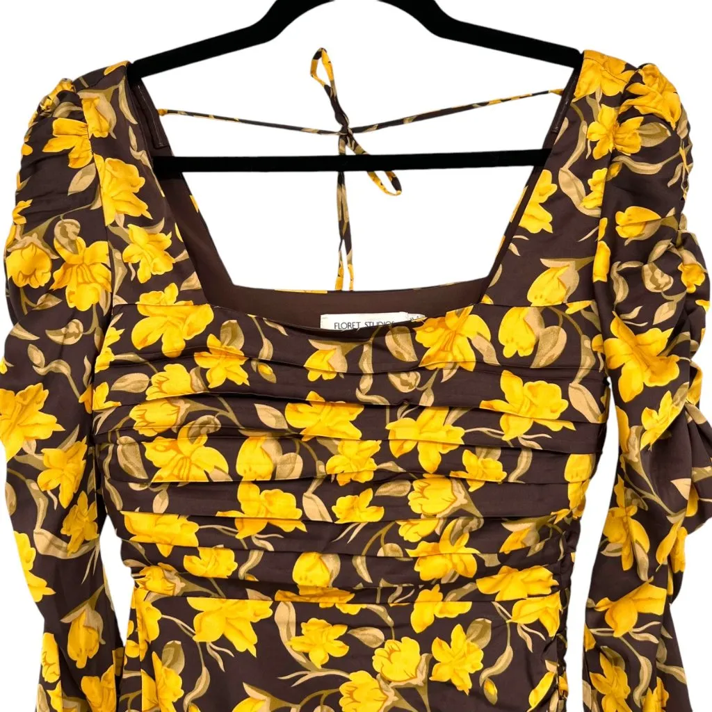 Floret Studios Floral Long Sleeve Ruched Square Neck Dress Yellow Brown XS NWOT - Image 5