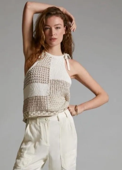 Anthropologie Tank Top Size XS Halter Tie Crochet Patchwork Metallic Chunky - Image 1