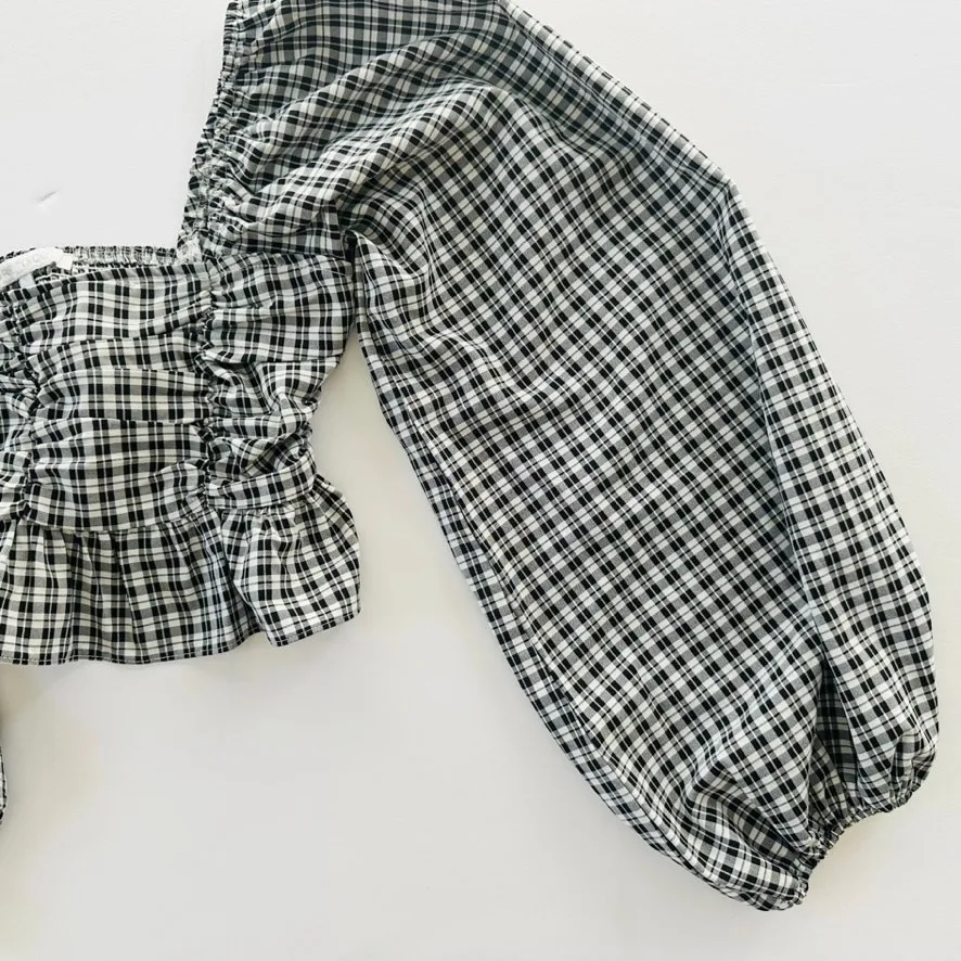 More to Come X Revolve Gingham Crop Top Balloon Sleeve Medium Black White Boho - Image 5