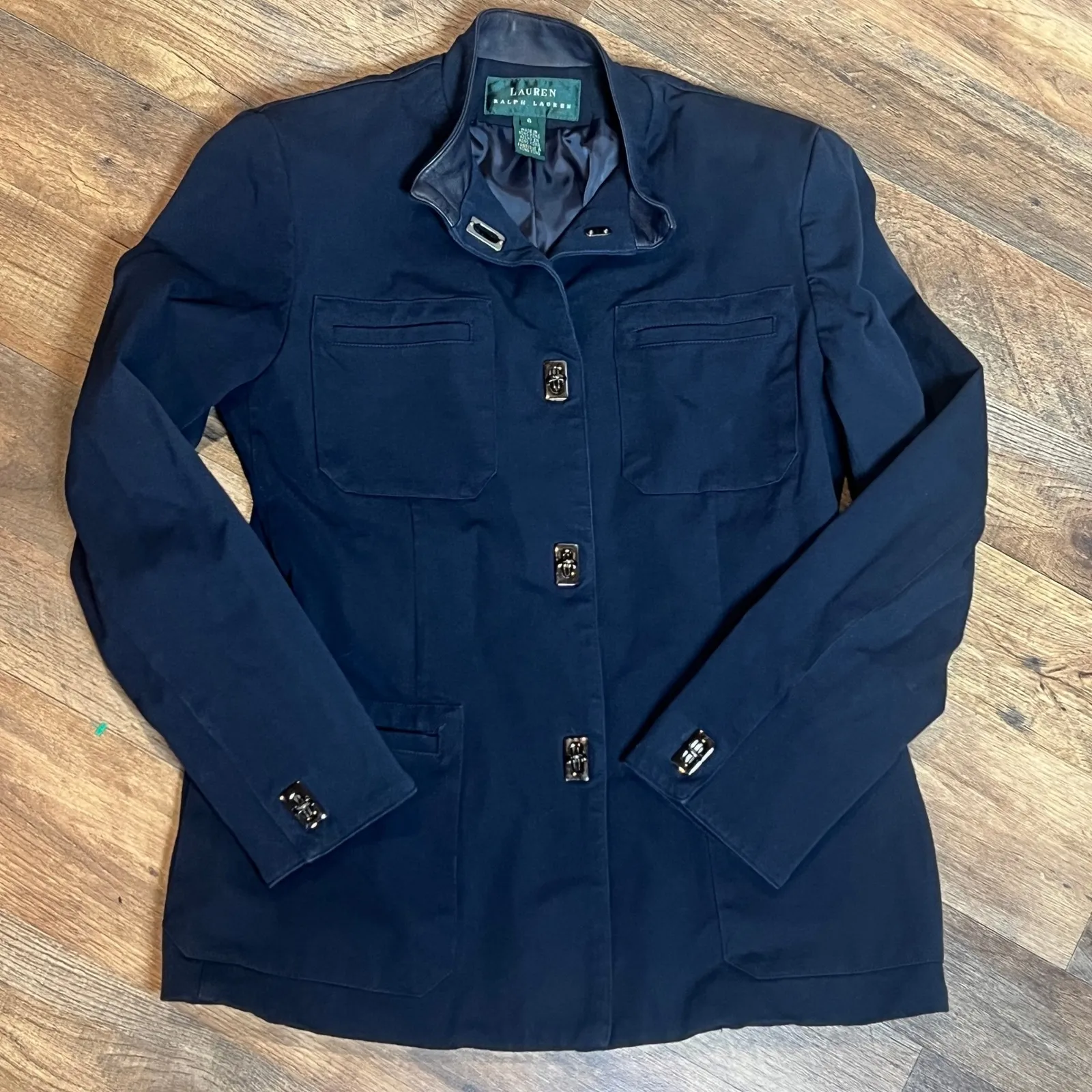 Vintage Lauren Ralph Lauren Navy Jacket w/ Leather Trim women's size 6 Blue - Image 4
