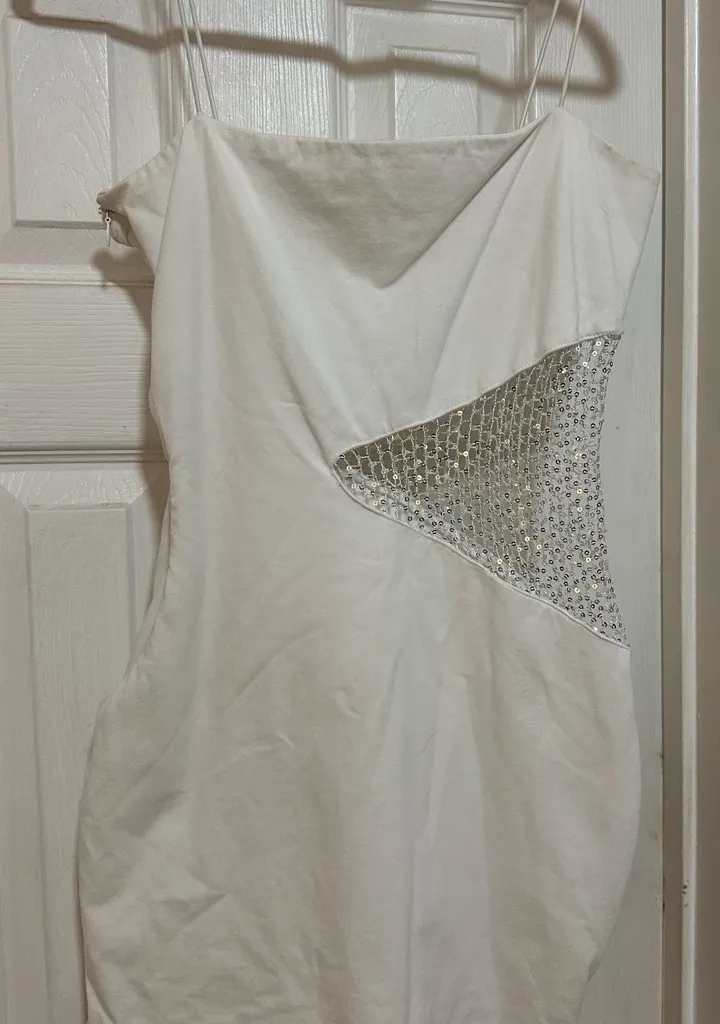 Superdown White Bodycon Dress with Silver sequin mesh Accents - Image 3
