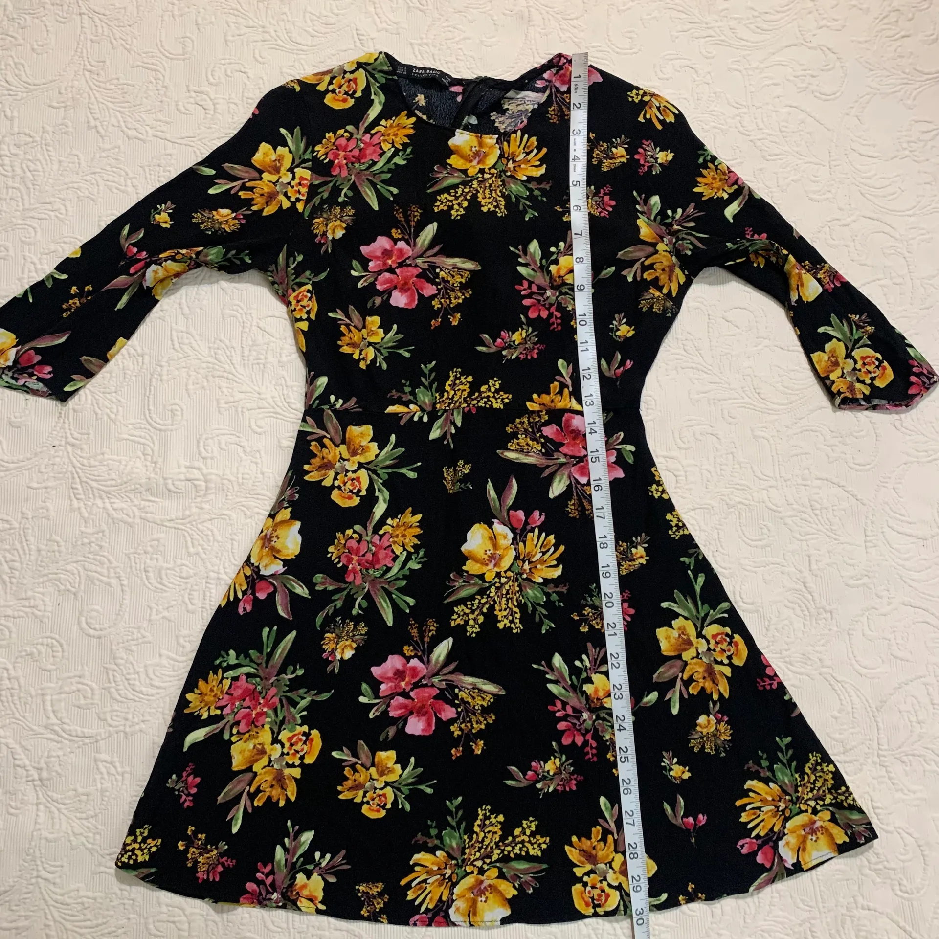 ZARA Basic Black Vibrant Floral Patterned 3/4 Sleeve Sheath Mini Dress - Image 7