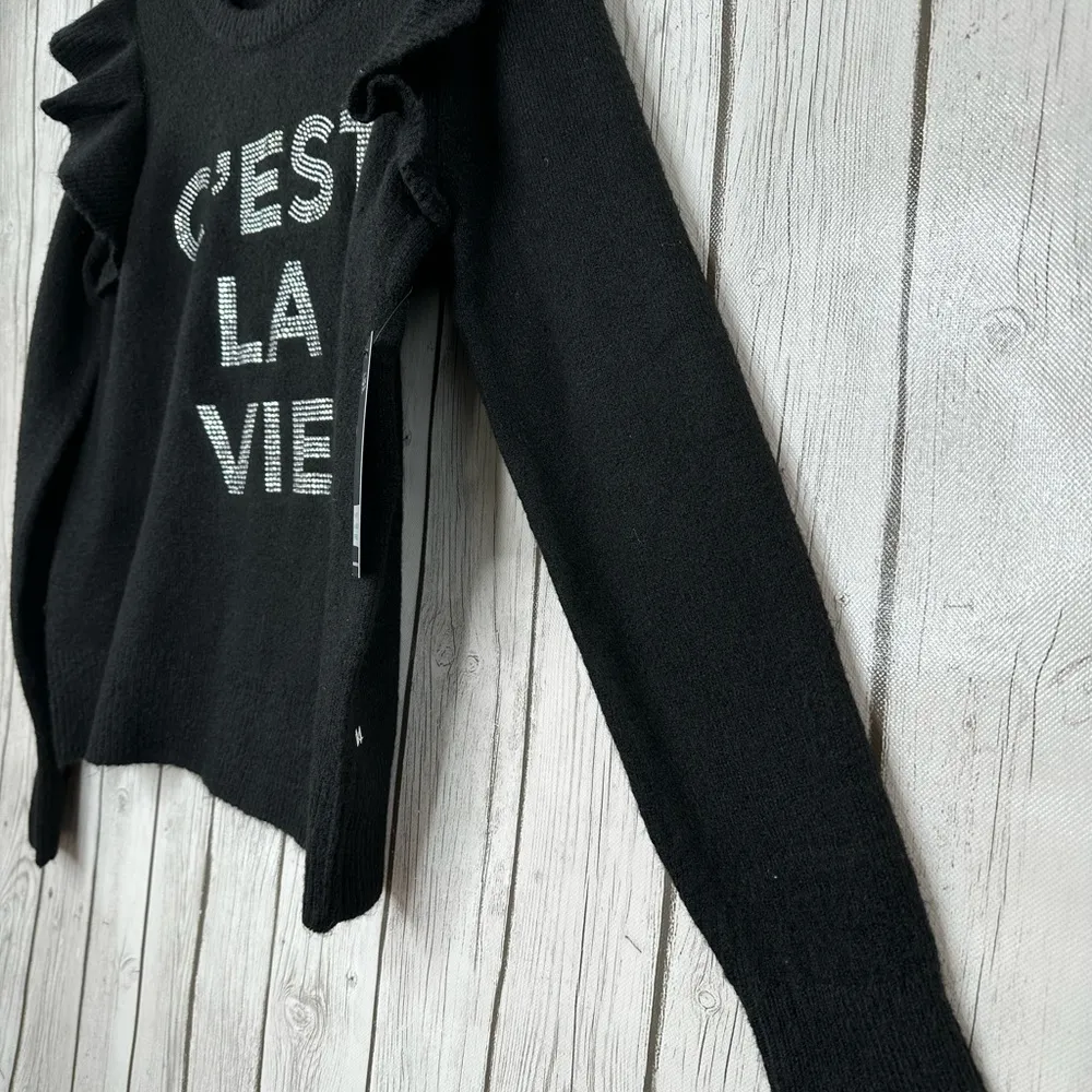 Karl Lagerfeld Sweater Women’s Size Small Black Ruffle “C’est La Vie” NWT - Image 5