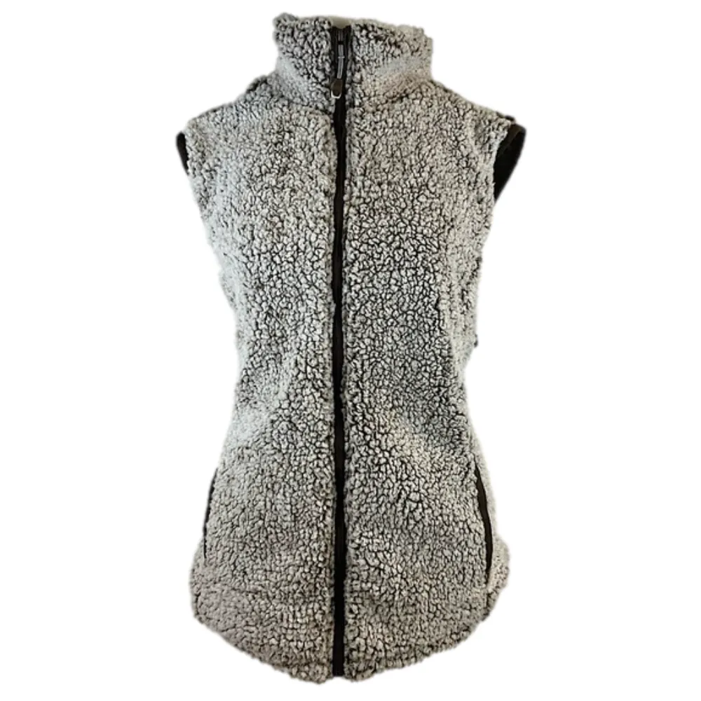 Keren Hart Cozy Fuzzy Lined Cream & Brown Full Zip Sherpa Vest Size Large - Image 2
