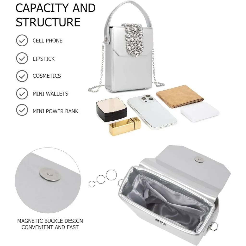 ⚡Women's Evening Rhinestone Box Detachable Chain Strap Silver Crystal Clutch Bag - Image 5