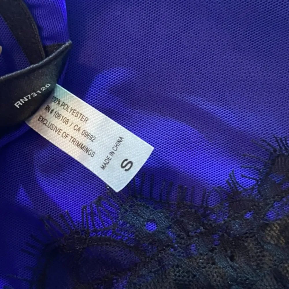 Frederick’s of Hollywood Babydoll Slip Dress Blue Black Lace Satin Sheer SMALL - Image 4