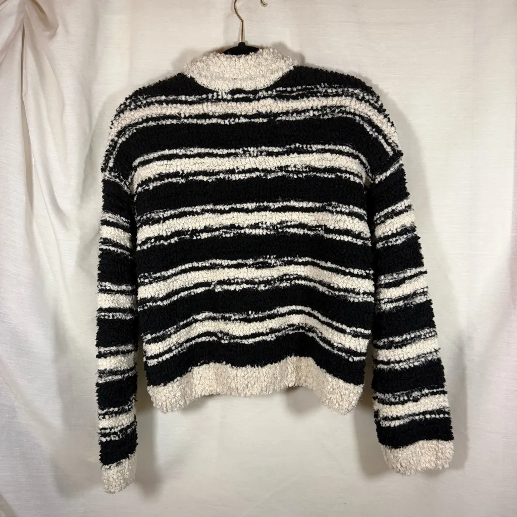 Rachel Zoe Women’s Fluffy Soft Short Sweater Black Off White Stripes Sz Med NWT - Image 2