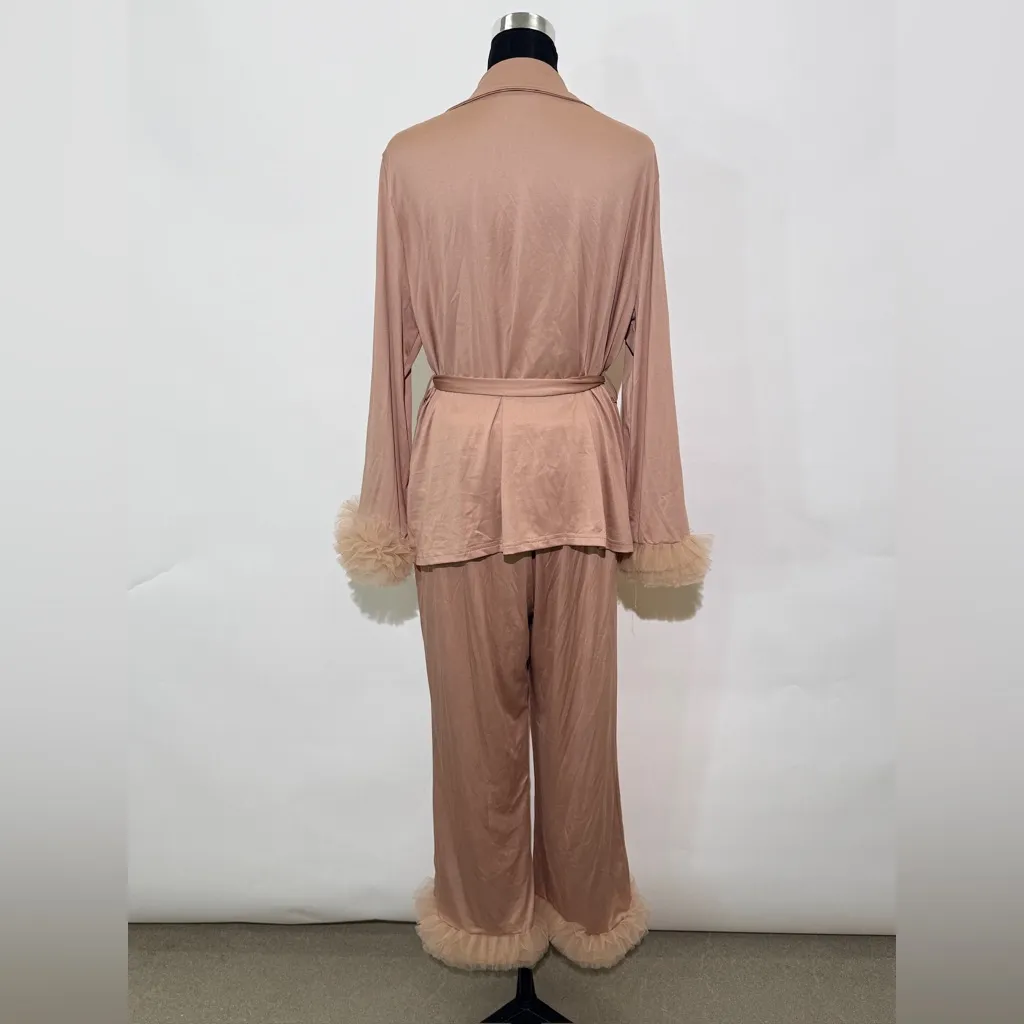 Elegant Nude Feather Trim Lounge Set (Size XL) Tan - Image 6