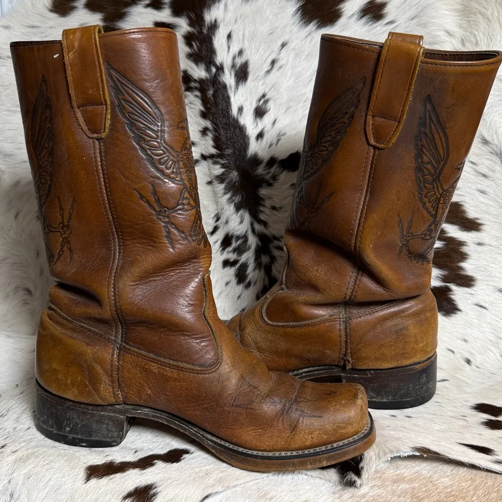 Vintage 1776 Eagle Leather Moto Western Boots Vintage Brown Leather T1 - Image 8