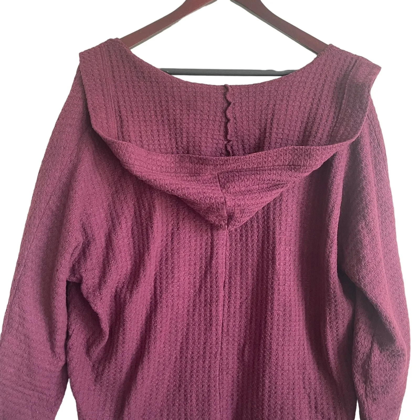 American Eagle Women Cardigan XS Burgundy Hooded Waffle Knit Lounge Cozy Layer - Image 3