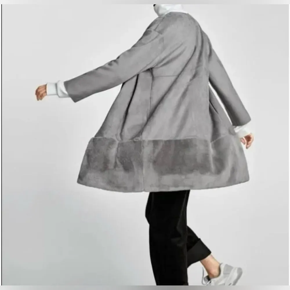 Zara Gray Suede Faux Fur Trim Long Jacket Size Small - Image 10