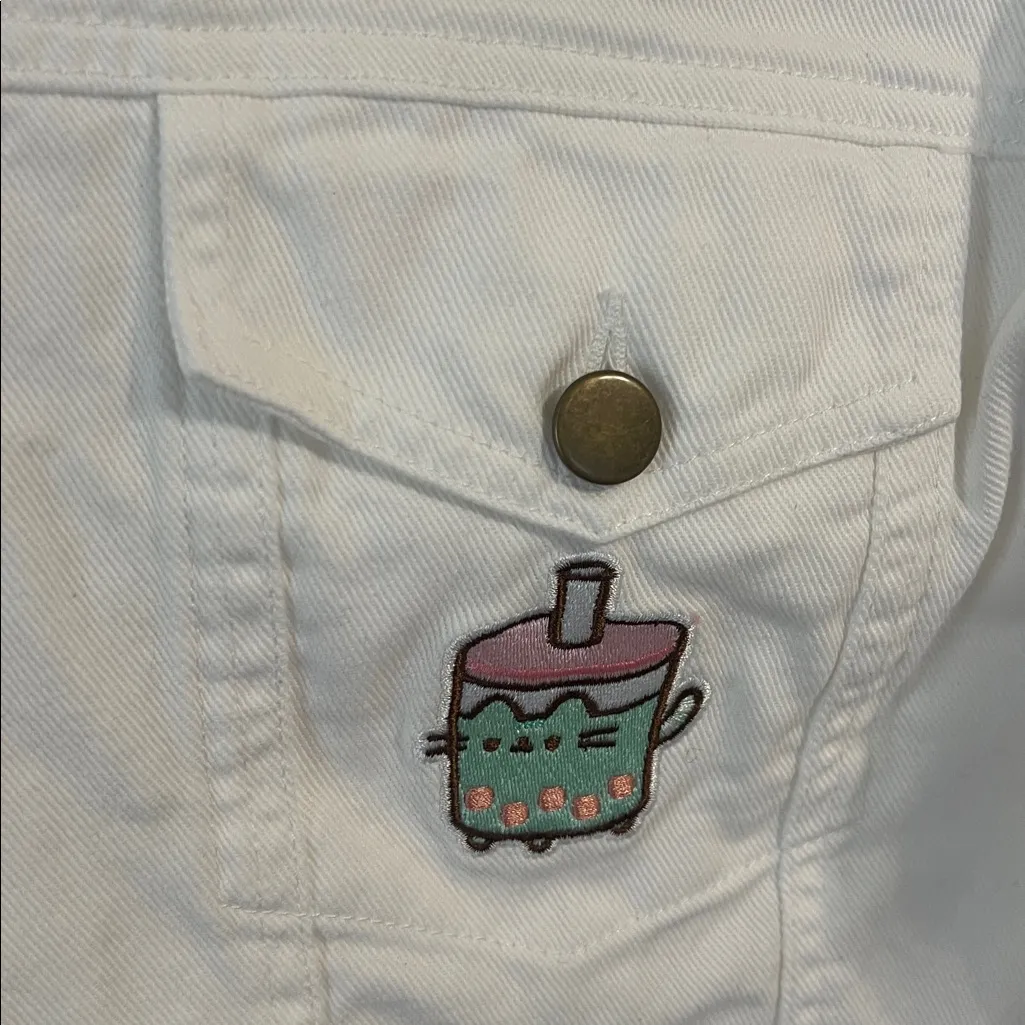 Pusheen  White Ladies Jean Jacket with Patch - Image 3